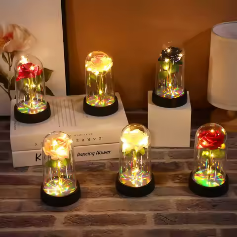 Artificial Flowers LED Red Rose Creative Valentine's Day Gift Rose in Glass Cover with Stand Light U