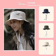 Unisex Bucket Hat, Wide Brim Hat with Letter Embroidered String Sunscreen for Trekking and Beach Kor