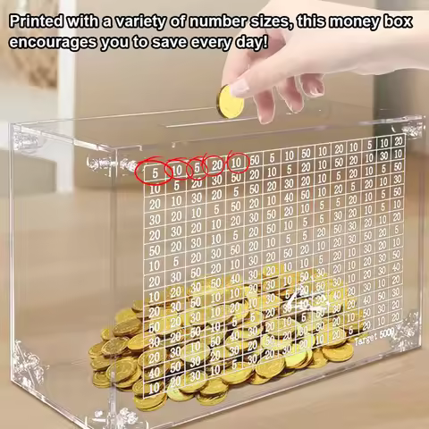 Clear Money Pot Box 5000 Savings Goal Acrylic Money Saving Box Clear Saving Challenge Box 23*15*9.5c