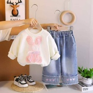 Pakaian setelan anak perempuan import premium Baju motif Kelinci Lengan panjang Celana Jeans panjang