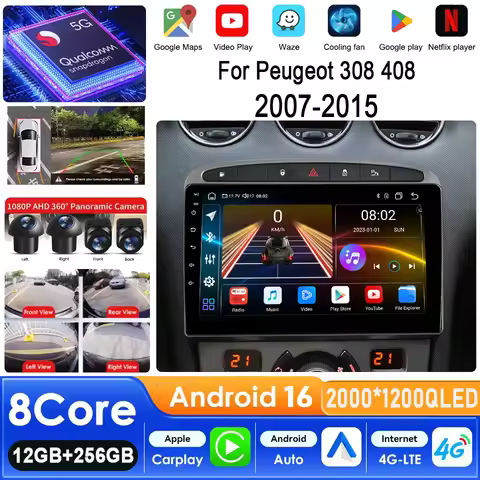 Android 16 Carplay Auto For Peugeot RCZ 308 SW 2007-2015 408 2012-2020 Car Radio Multimedia Video Pl