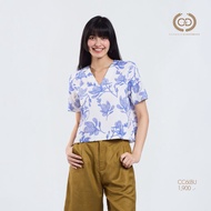 C&D Womans Blouse Blue Flower stitch เสื้อผู้หญิง คอวี แขนสั้น สีน้ำเงิน CC6LBU