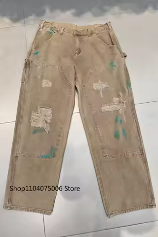 Saint Distressed Cargo Pants Men Loose Retro Washed Splatter Paint Work Pants with Multiple Pockets