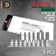 TOPTUL 9 Pcs 1/2" DR Long Hex Bit Socket Rail Set / Heavy Duty Long Hex Bit Socket Rail Set / GAAG09