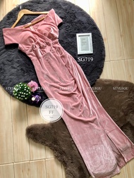 SG719  ชุดราตรี ปาดวีไขว้อกพรางแขน ผ้ากำมะหยี่ผ้ายืดได้เยอะ ซิปซ่อนหลัง