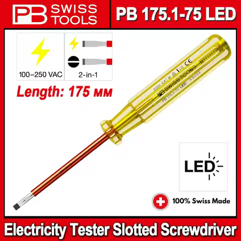 PB Swiss 2-in-1 LED Voltage Tester 100-250 VAC Phase Tester & Electricity Tester Insulated Slotted S