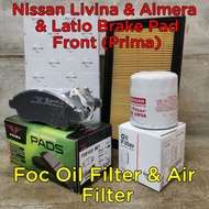 Nissan Livina &amp; Almera &amp; Latio Brake Pad Front(Prima) Foc Oil Filter &amp; Air Filter