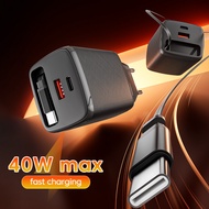 40W Charger Adapter with Retractable Cable QC 3.0 3-Ports Charger EU Plug Fast Charging PD 20W Quick