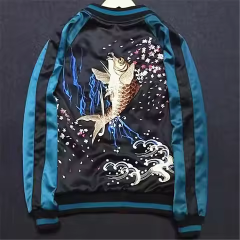 Reversible Double-sided High Quality Men Boys High Street Japan Style Sakura Carp Waves Embroidered 