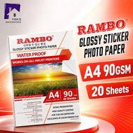 20 Sheets RAMBO Glossy Sticker Paper A4 90GSM High Def 5760 DPI Inkjet Printer Label Decal