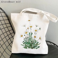 {Yuyu Bag} Women Shopper Bag White Margaret Daisy Watercolor Wildflowers Kawaii Bag Harajuku Canvas Girl Tote Shoulder Lady