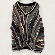 2000 年代復古款 Tundra Coogi 風格 3D 針織棉質毛衣，V 領，全身印花。顏色。 L 碼。