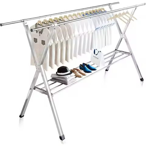 Clothes Drying Rack 2 Tiers, Heavy Duty, Stainless Steel, Foldable, 20 Windproof Hooks, 84 Inches