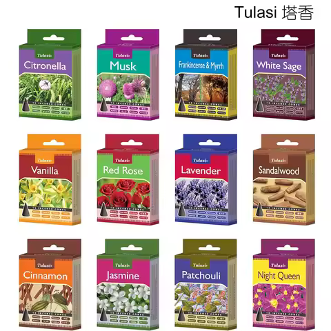 Premium Indian Sarathi Tulasi Holy Basil Sandalwood Incense Cones for Home Indoor Purifying Aroma