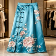 Lake Blue New Chinese Style Skirt Women 2026 Summer New Style Retro Peony Buckle Improved Chinese St