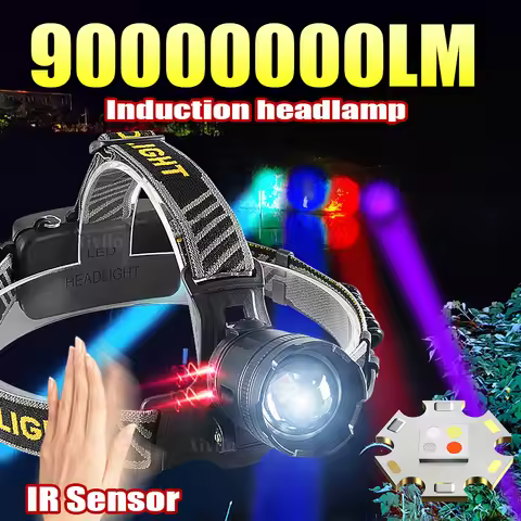 9000000LM Powerful Headlamp Tpye-c Rechargeable Headlight Flashlight 4 color sources 4LED Head lamp 