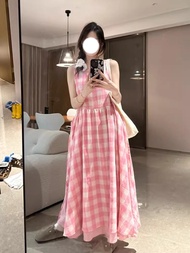 Lãng Mạn Phong Cách Pháp Dễ Thương Hồng Kẻ Caro Cộc Tay Không Tay Áo Vest Thon Gọn Dễ Thương Khí Chấ