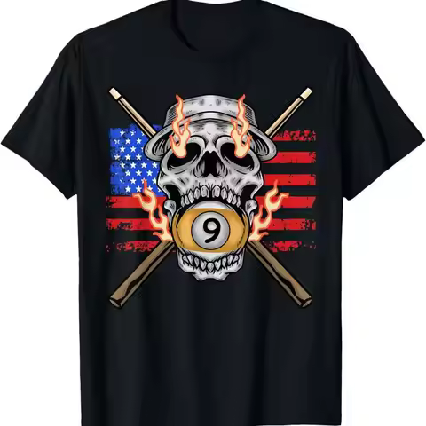 New Limited 9 Ball Billiard Pool Player American Flag Skull Billiards T Shirt