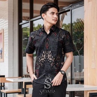 KEMEJA BATIK PRIA LENGAN PENDEK TERBARU MOTIF KAMAL HITAM BAJU BATIK COWOK KEREN MODERN CASUAL