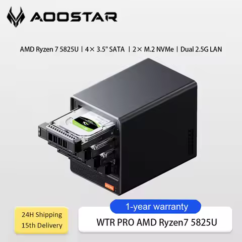 AOOSTAR WTR PRO AMD Ryzen 7 5825U Mini PC/NAS 8C/16T Dual 2.5G LAN 4 HDD Bays 4K Large Storage Tripl