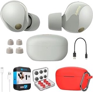 Sony WF-1000XM5 Industry Leading Noise Canceling Truly Wireless Earbuds (Silver) Bundle with Silicone Case (Red), Memory Foam Ear Tips, USB-A to USB-C Cable &amp; 1 YR CPS Enhanced Protection Pack