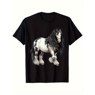 Mens Soft Cotton T-Shirt - Heavyweight Crewneck Tee with Elegant Gypsy Vanner Horse Graphic( Black),