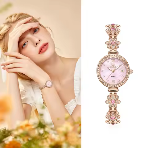 OLEVS 5699 Women's Watch Rose Gold Flower Bracelet Mother of Pearl Dial Rhinestone Roman Numerals El