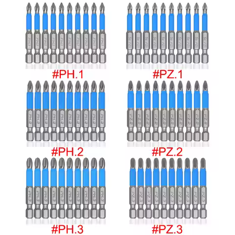 10Pcs 50mm Anti Slip Screwdriver Bits Magnetic Single Head PH1 PZ1 PH2,PZ2,PH3 PZ3 S2 Steel Electric