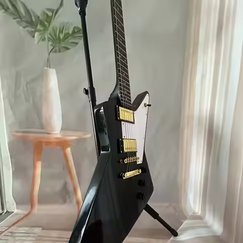 Explorer Black Electric Guitar Gold Hardware HH Pickups Mahogany Body