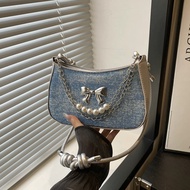 SKM Womens Denim Series Silver Coquette Pearl Chain Shoulder Bag Beg Perempuan BG1070