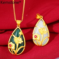 Kemstone Elegant 24k Gold Plated Green/White Jade Flower Pendant Neckalce for Women