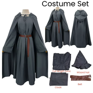 เสื้อคลุมสีเทาชุดพ่อมดสำหรับผู้ชายชุดผ้าคลุมพ่อมดกับหมวกพ่อมด Hobbit Gandalf ชุดคอสเพลย์ฮาโลวีน