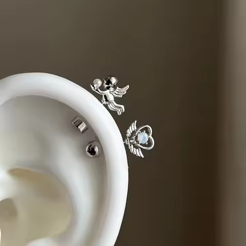 1 PCS Cute Cupid Ange 316L Stainless Steel Ear Bone Nail Silver Color Heart Wing Conch Piercing Earr