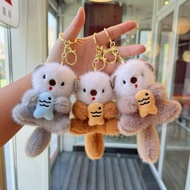 Cute and adorable otter keychain plush toy doll holding a fish otter bag charm keychain doll
