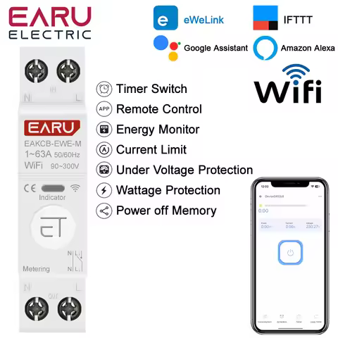 eWeLink WiFi Smart Circuit Breaker 1P+N 63A MCB Timer Relay Switch Energy Metering kWh Voltage Curre