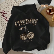 Tween Girl Casual Minimalist Leopard Print, Cherry, English Letter CHERRY Pattern Long Sleeve Hooded