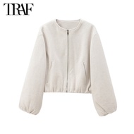 TRAF 2024 Fleece Bomber Jackets for Women Soft Zipper Woman's Sports Jacket Long Sleeve Cropped Jack