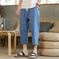 GISU MALL-Summer linen seven points pants for men's thin and loose fitting Chinese fashion brand cotton and linen casual pants