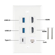6-Port Combination Wall Plug Panel 2-Port HDMI HD Audiovisual+Dual USB3.0+Type-C Data Transmission+R