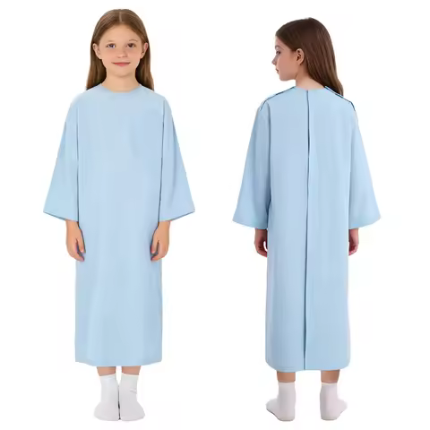 Kids Special Needs Adaptive Clothing Long Sleeve Back Split Hook-and-Loop Nursing Gown with Pocket f