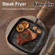 YUSENSS Steak Pan, Wooden Handle Uncoated Cast Iron Skillet, Premium Square Design Cast Iron Non-Sti