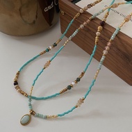 Natural Amazonite Necklace for Women, Pearl French Pendant, Vintage Beaded Layered Sweater Chain Acc
