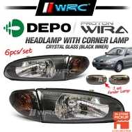 Depo Proton Wira Crystal Glass Headlamp + Corner Lamp + Fender Lamp (Black) (6pcs/set)