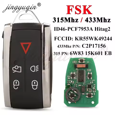 jingyuqin Remote Car Key 5Buttons For Jaguar XF XFR XK XKR XJ8 XK8 2007+ 315/433MHZ FSK ID46 KR55WK4