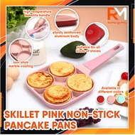 4 Hole Fried Egg Burger Pan Non-stick Ham Pancake Maker Wooden Handle Suitable for All Stove (Pink)