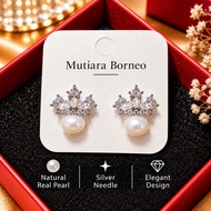 Mutiara Borneo Crown Pearl Stud Earrings Elegant Design Natural Real Pearl Silver Needle