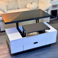 4月3日前取 油壓升降玻璃茶几餐桌枱 有碌可移動 連4張凳 height adjustment coffee table dining table with 4 seats