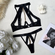 Sexy Halter Open Cup Bondage Lingerie Set, Gold Chain Cage Bra 2 Piece Set