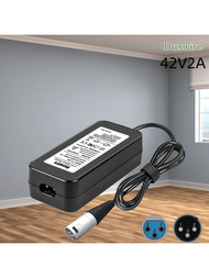 Duxwire 42v2a充電器配備過充保護、過放保護、過流保護和短路保護功能,保證電池和充電器安全。適用於mi Home 36v鋰電池組、電動工具36v 20ah鋰電池、電動車鋰電池充電器、獨輪車、三輪車、平衡車、電動自行車、36v電池組充電電源線（xlr）與火砲頭連接器。