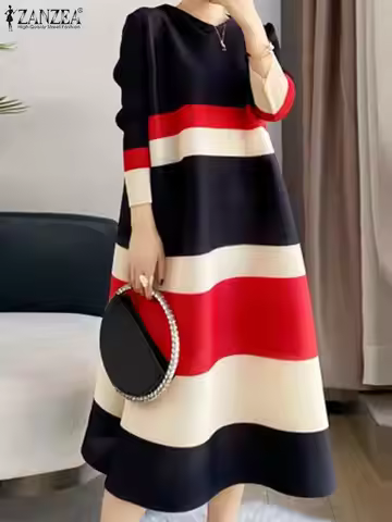 ZANZEA Womens Dress Vintage Striped Contrast Color Vestido Casual Round Neck 3/4 Sleeve Baggy Dress 